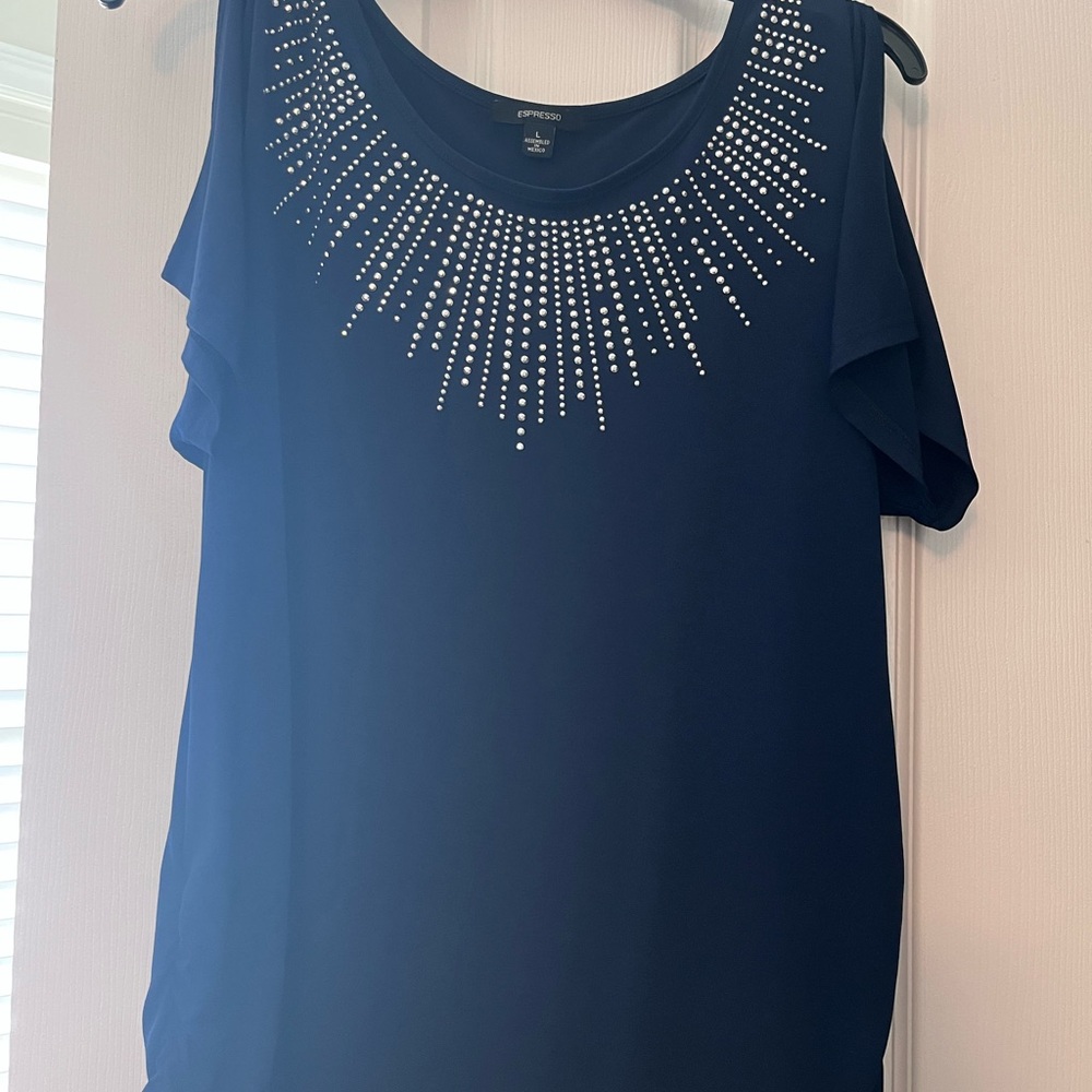 Espresso Navy Cold-Shoulder Top with Rhinestone Burst
